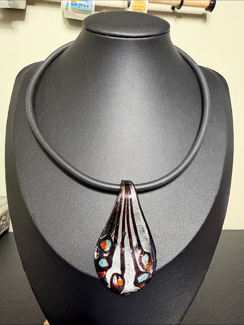 Handmade Black Dichroic Iridescent Teardrop Glass Pendant Necklace